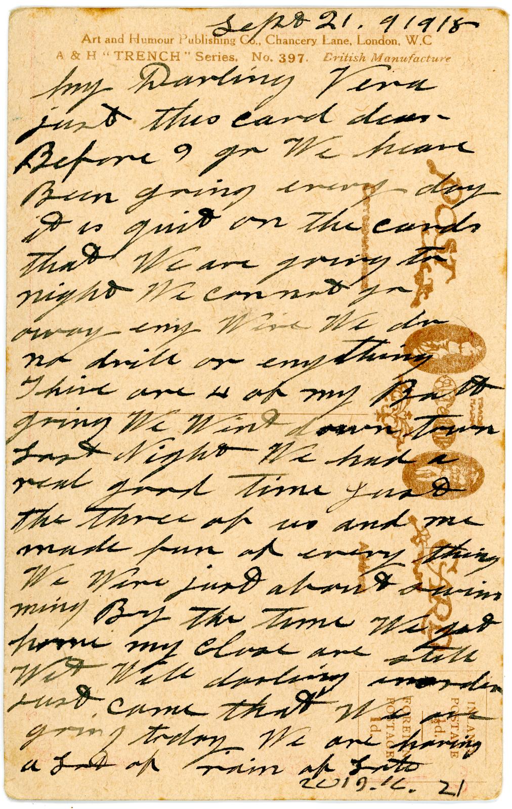First World War Postcard from Pte. Edward Charles MOUCHEMORE 6351