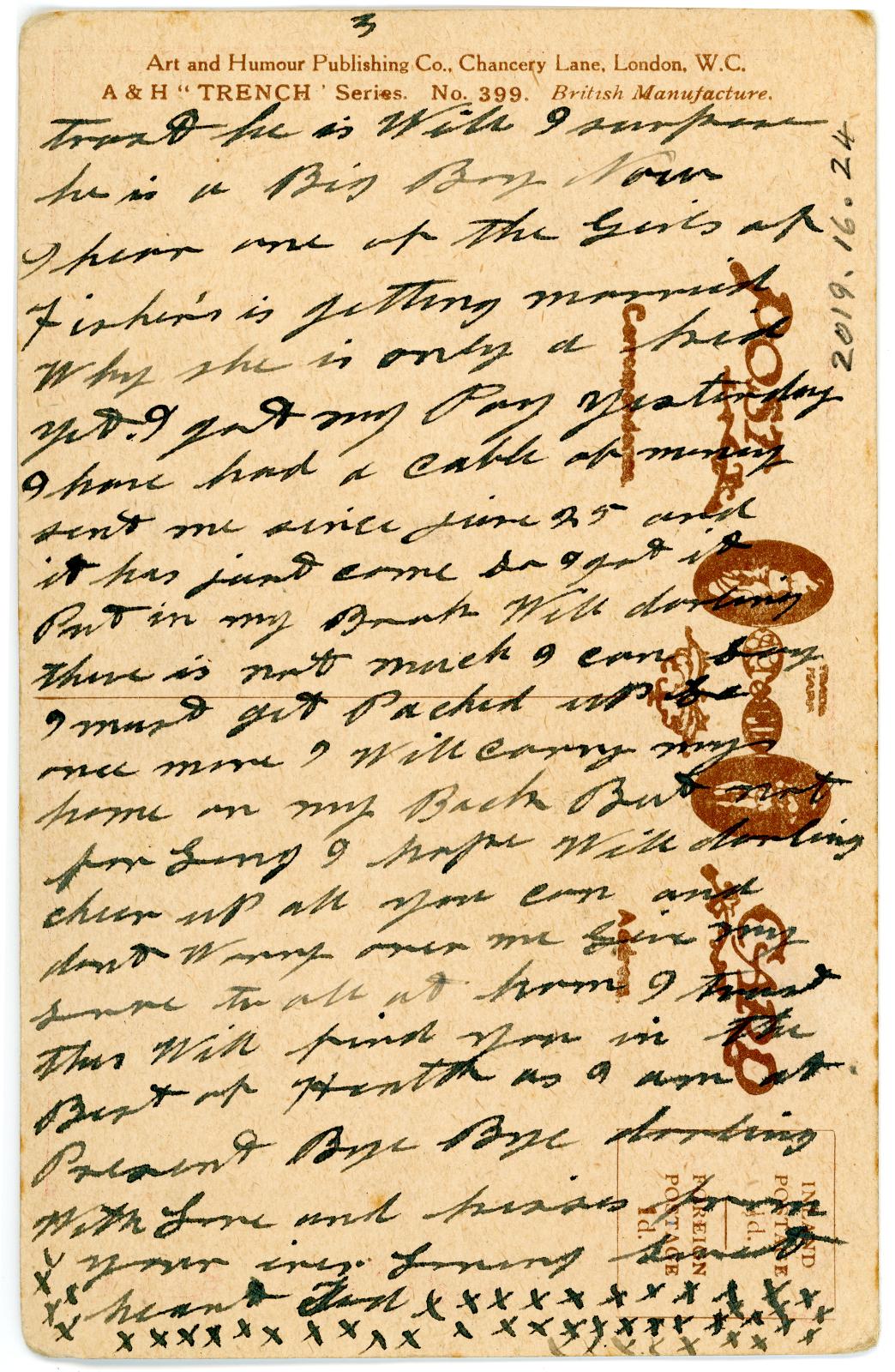 First World War Postcard sent from Pte. Edward Charles MOUCHEMORE 6351