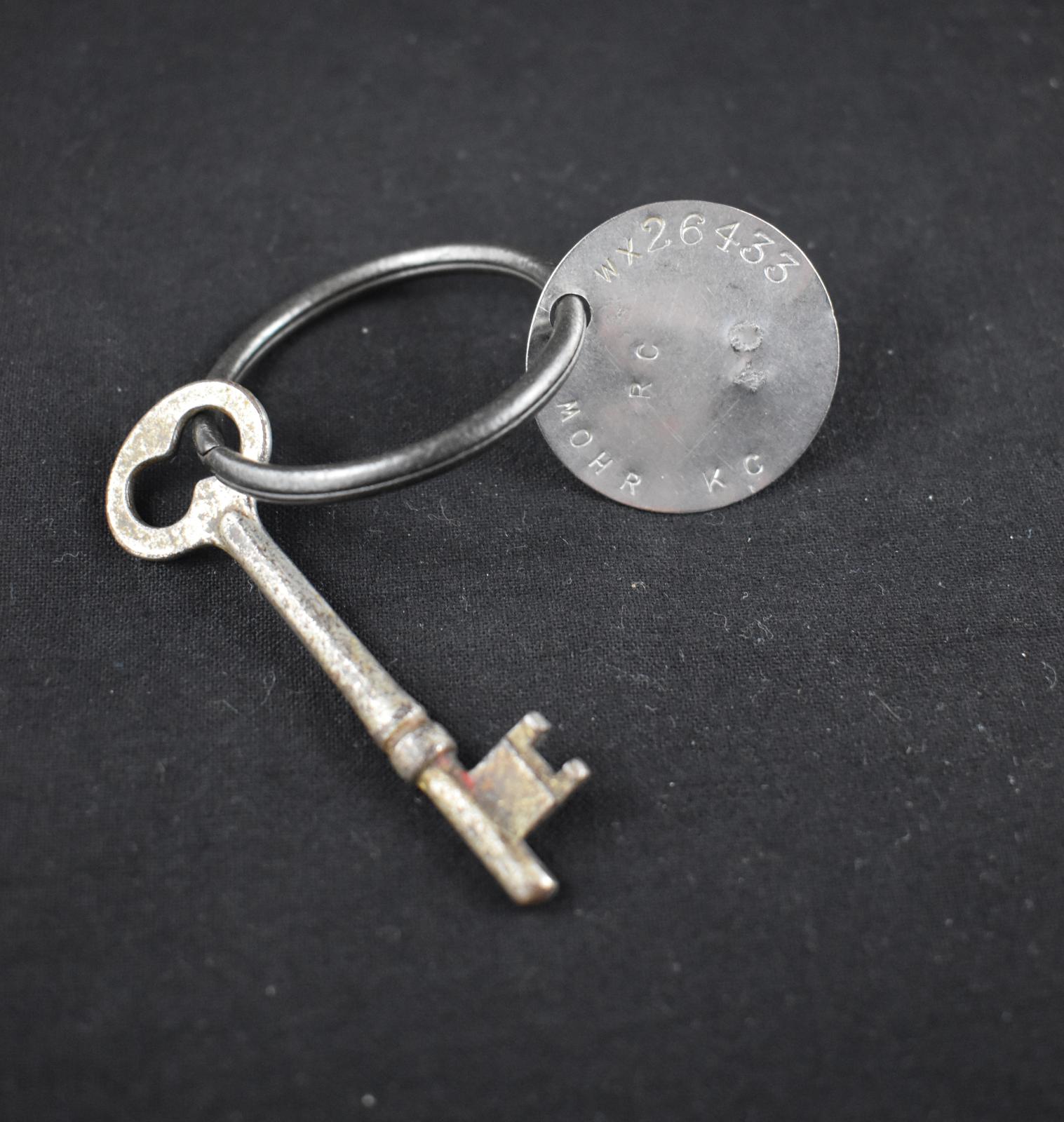 Second World War Metal Identity Disc issued to Sapper Kingsley Charles MOHR WX26433 with Key and key ring