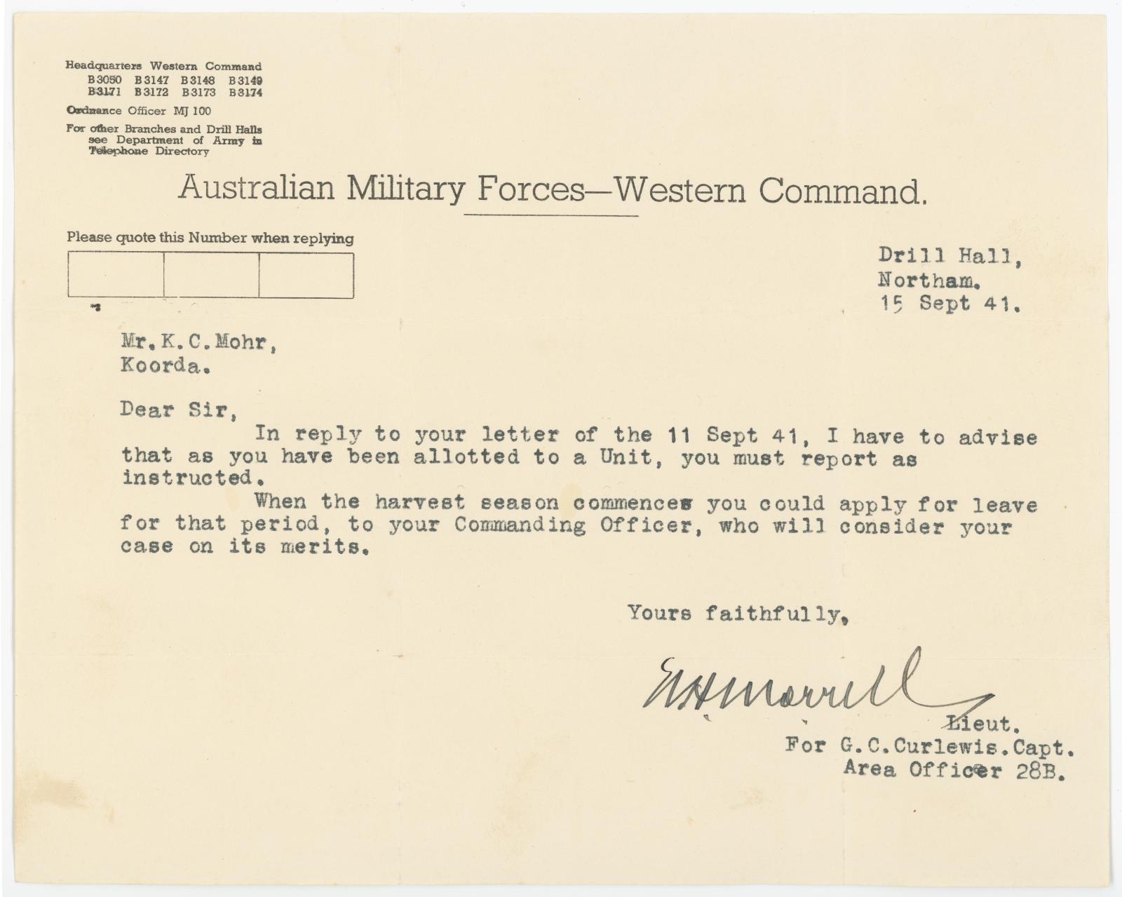 Australian Military Forces letter to Sapper K. C. MOHR