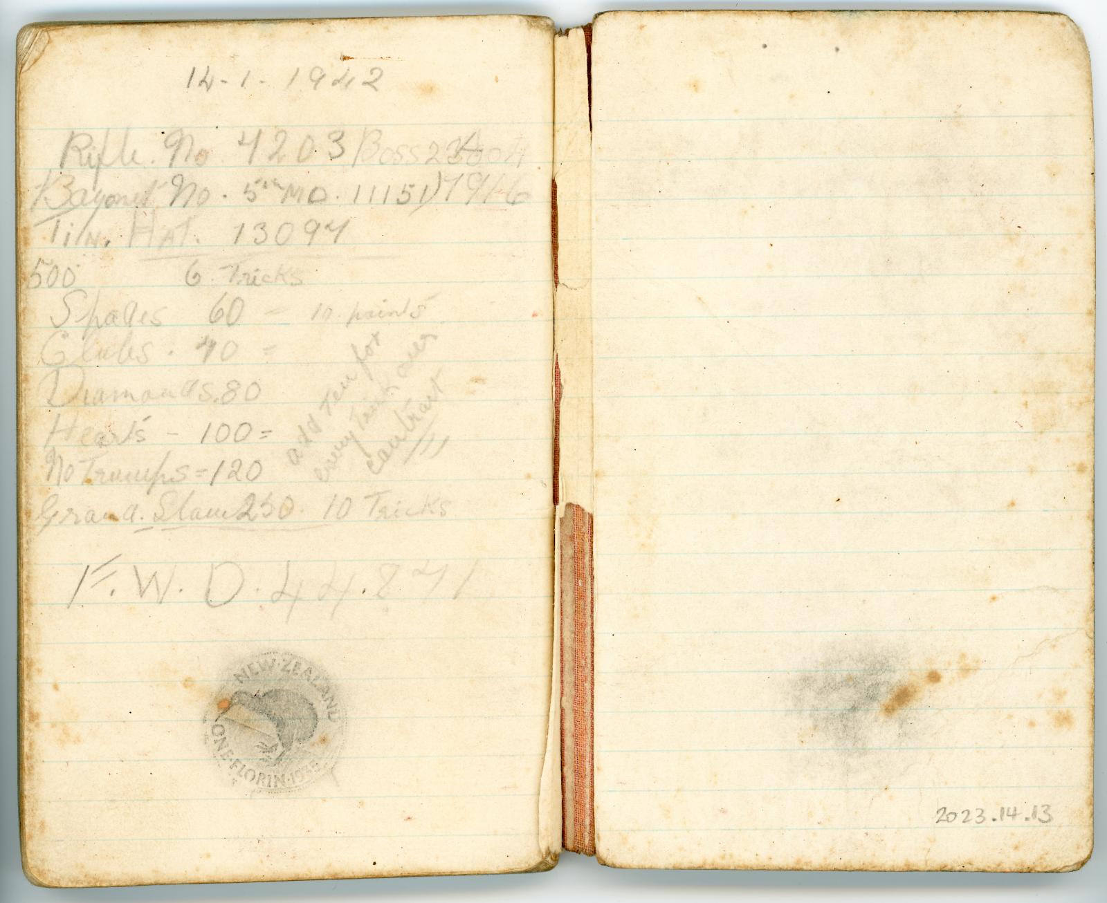 Inside Second World War Small Notebook used by Spr Kingsley Charles MOHR WX26433