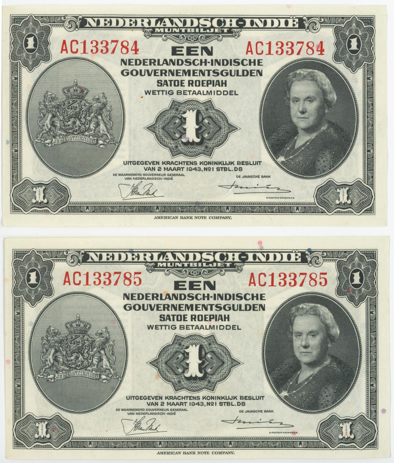 Pair o Dutch East Indies One (1) Gulden Banknotes Issued 2 March 1943