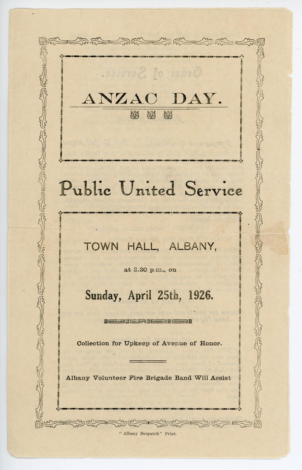 1926 Anzac Day Service Program Cover