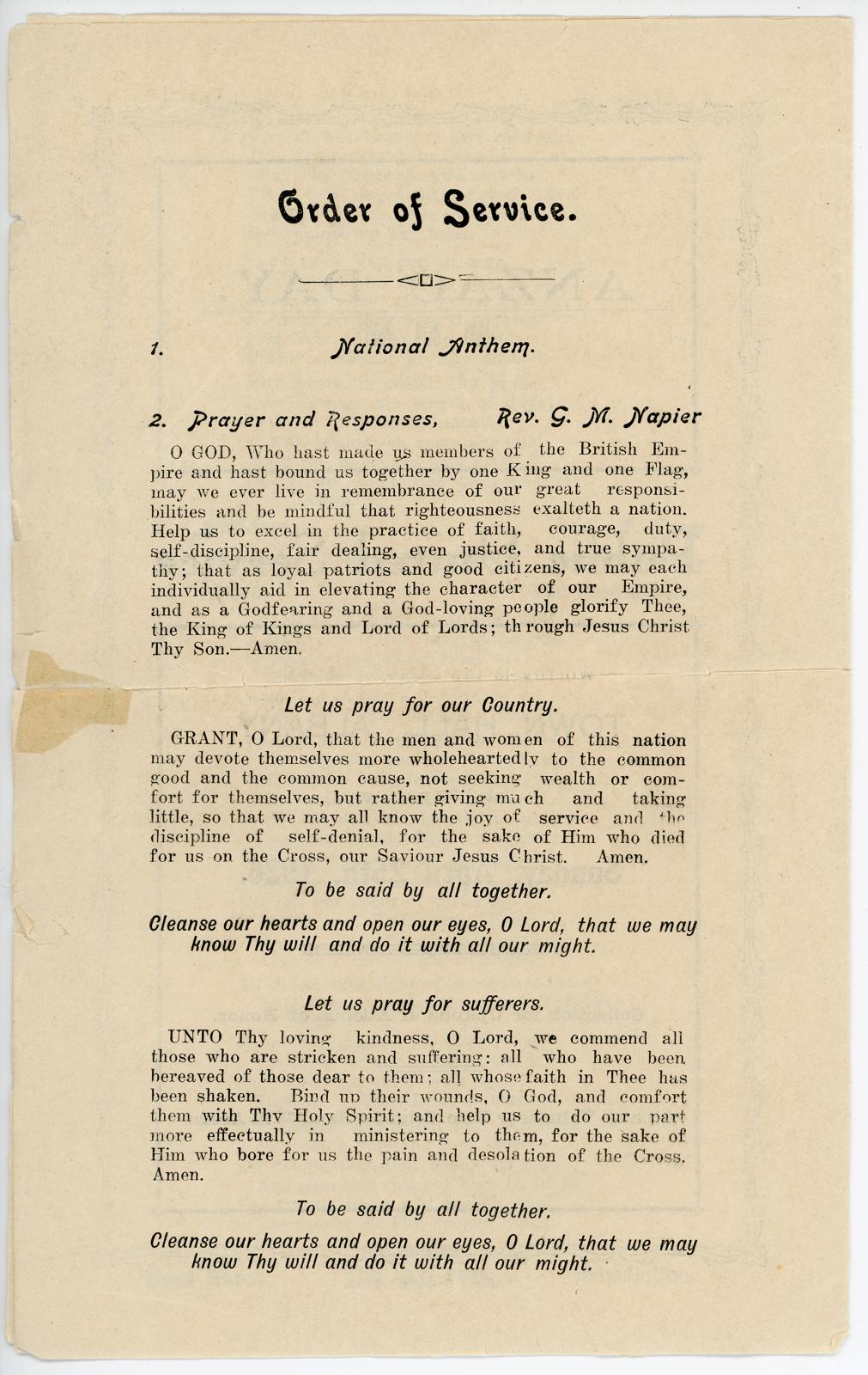 1926 Anzac Day Service Program Page 2