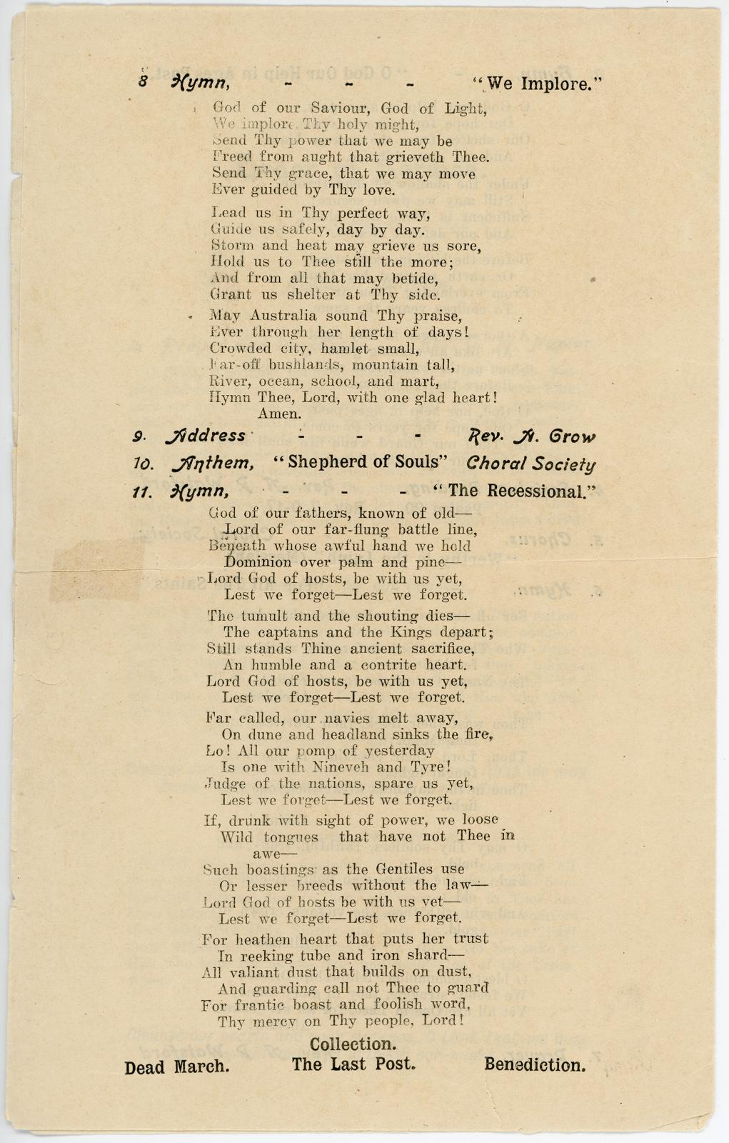 1926 Anzac Day Service Program Page 4