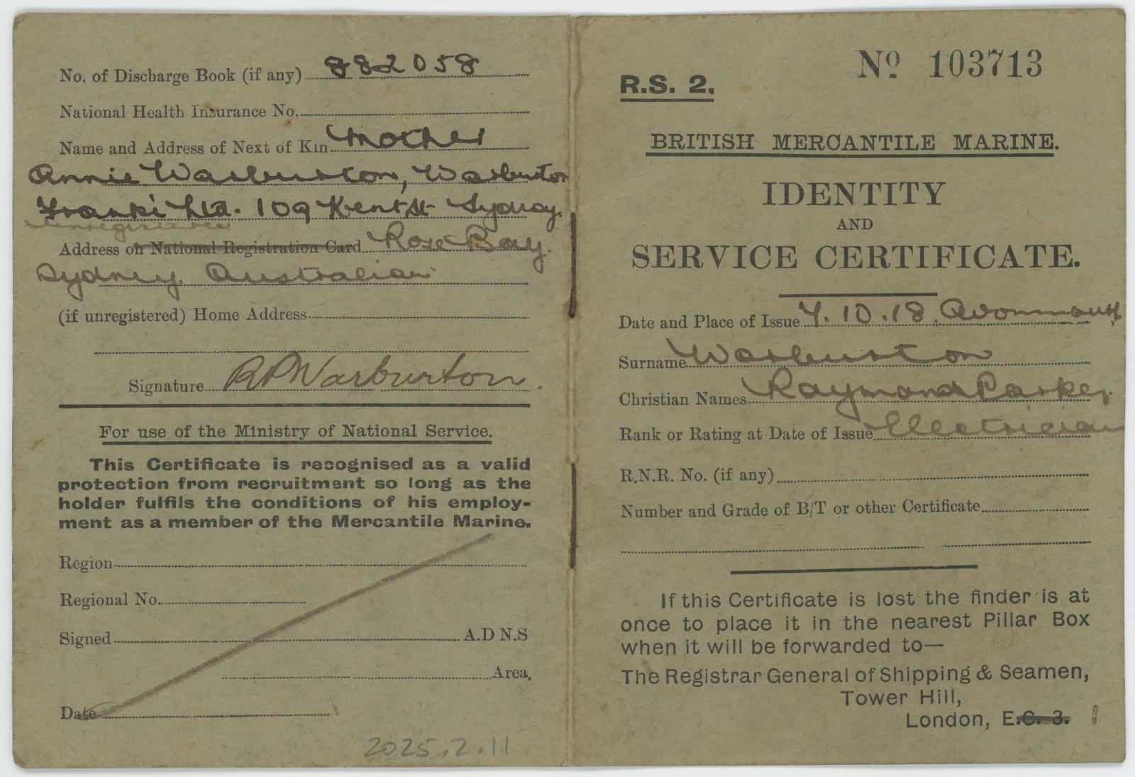 British Mercantile Marine Identity and Service Certificate