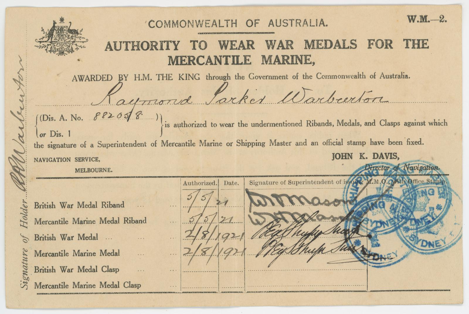 Authority to wear war medals certificate
