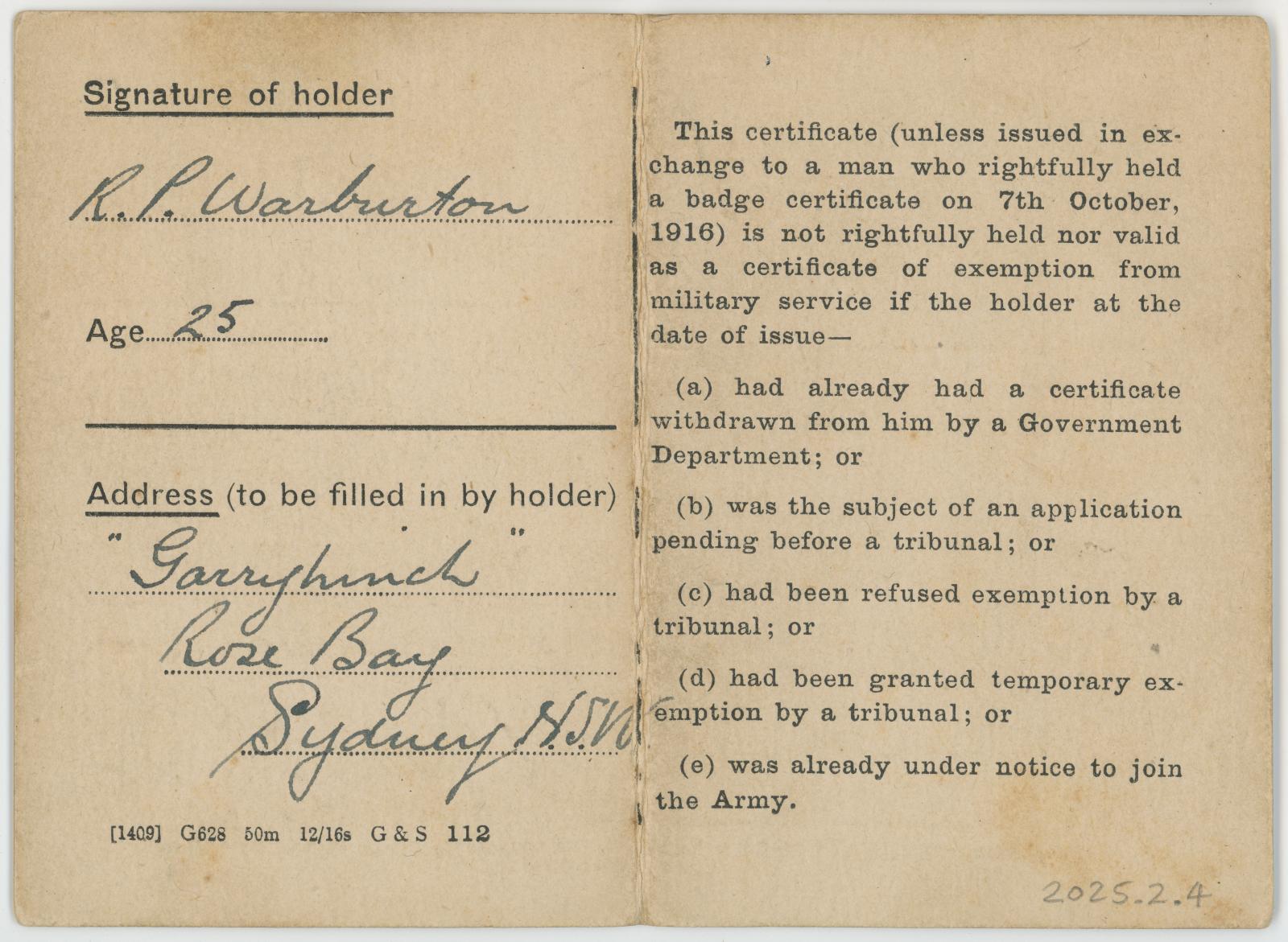 Admiralty S.W. Transport Certificate issued to R. WARBURTON