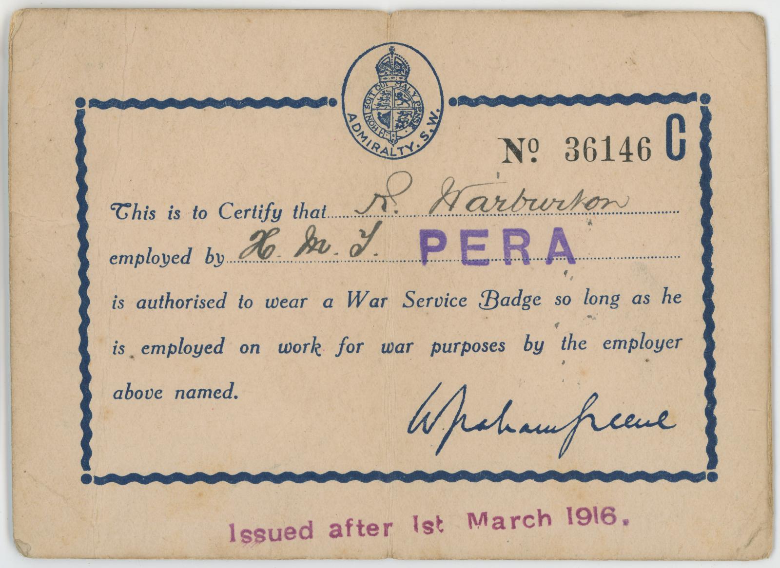 Admiralty Card Issued to R. WARBURTON