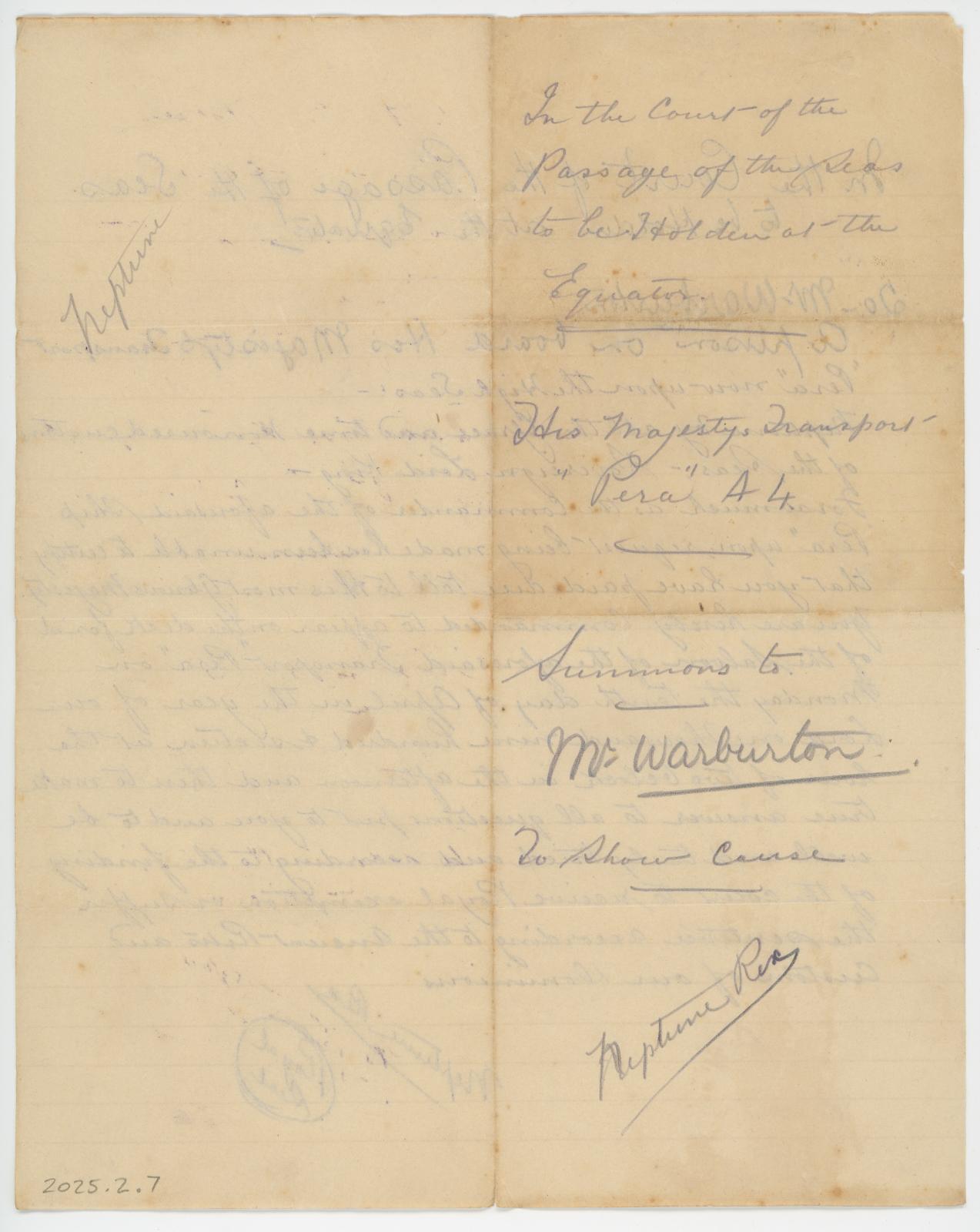 Obverse View of Summon's for Mr WARBURTON