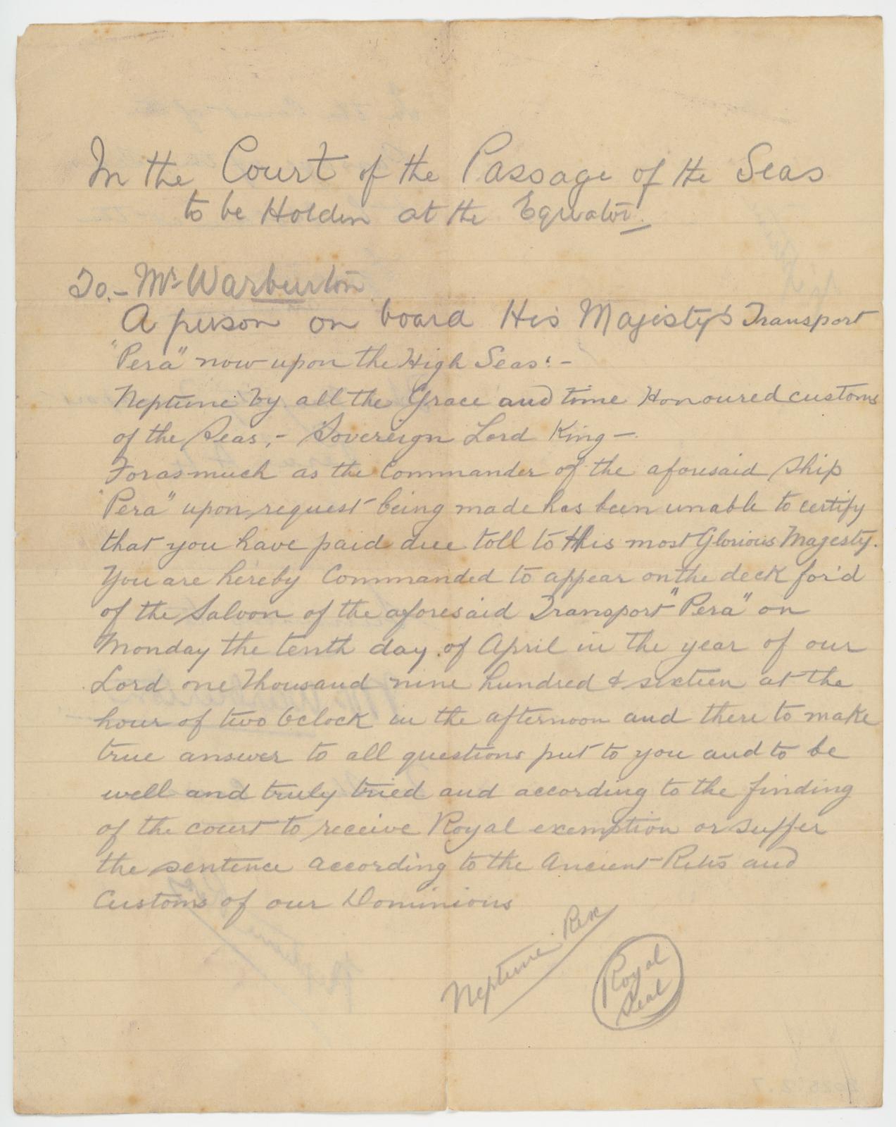 Informal 'Summon's' to Appear Before Neptune Rex