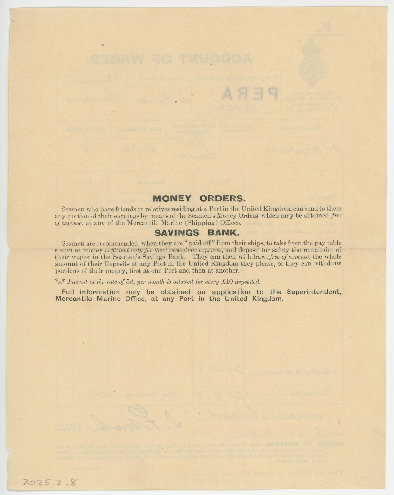 Account of Wages - rear view