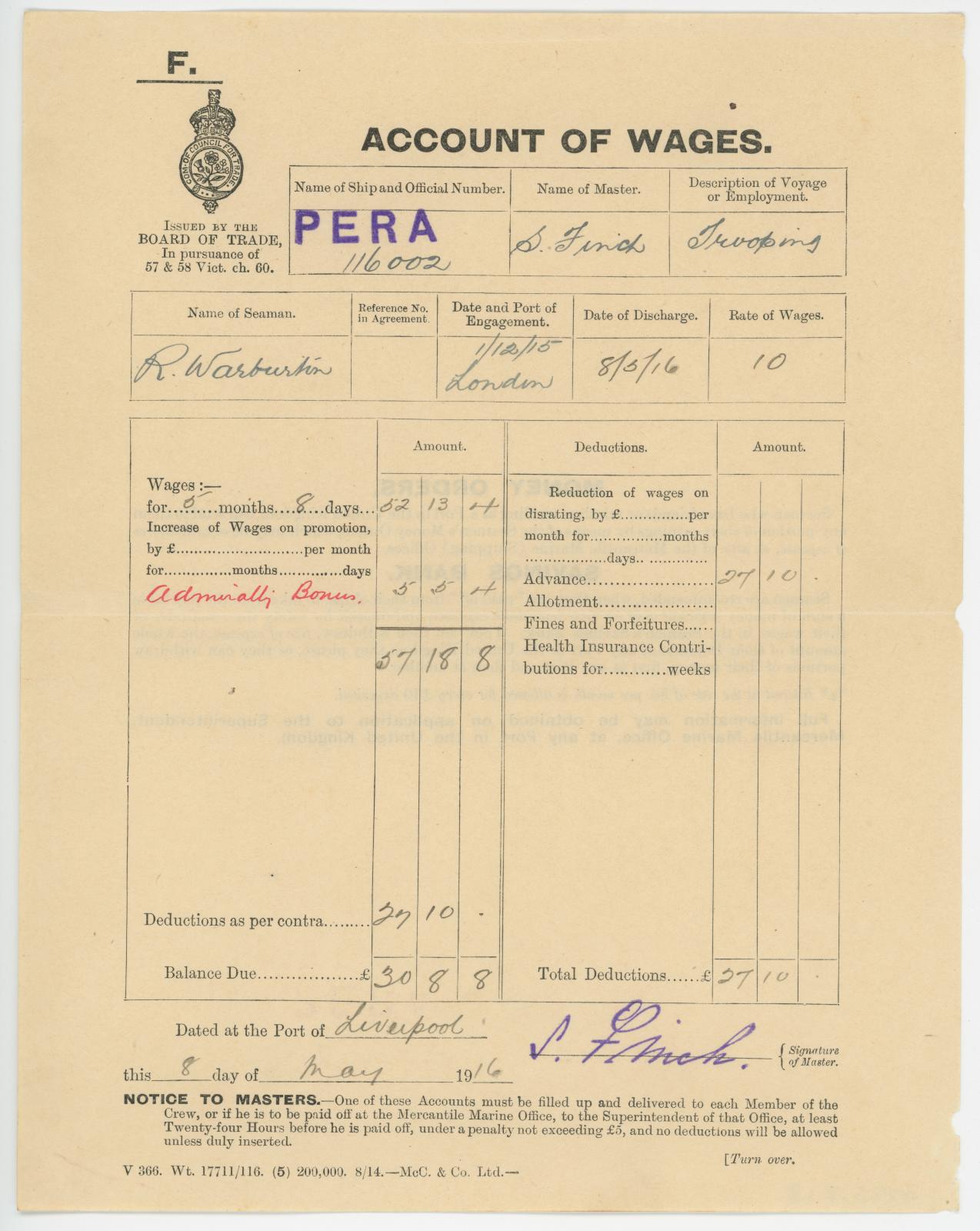 Account of Wages for R. WARBURTON, serving on HMT Pera