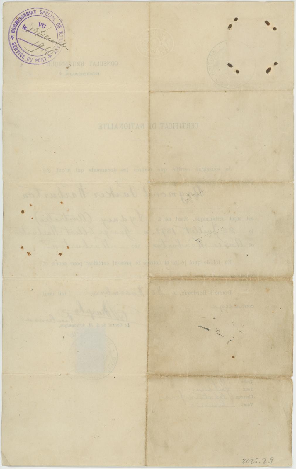 Certificate of Nationality Issued in Bordeaux France (rear view)