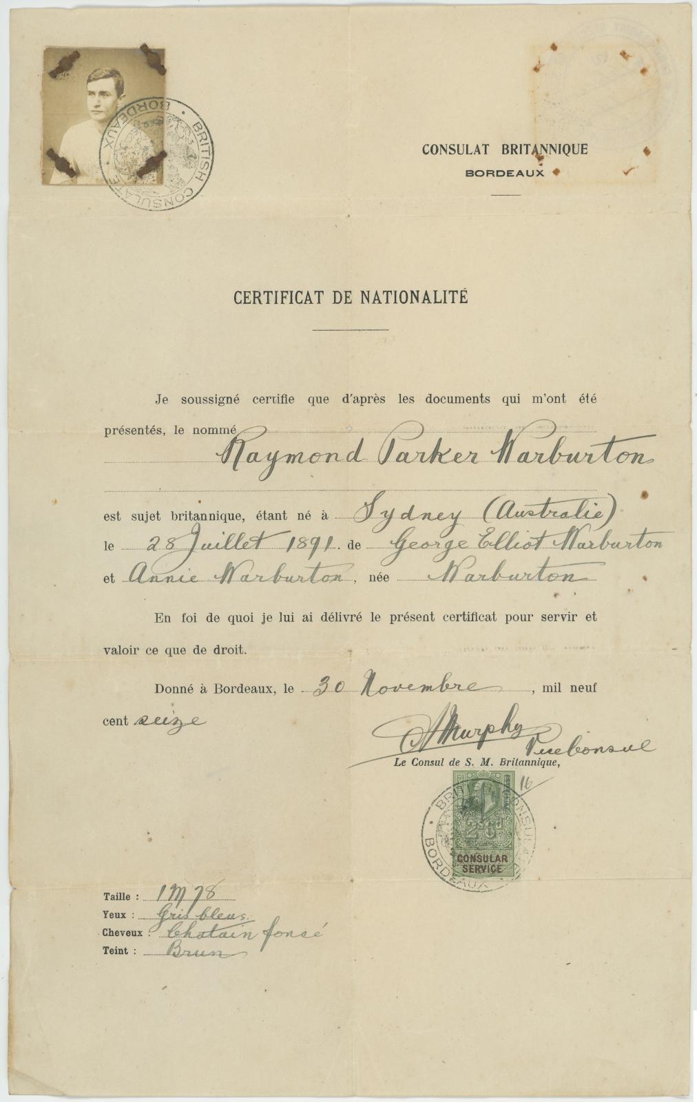 Certificate of Nationality Issued in Bordeaux France