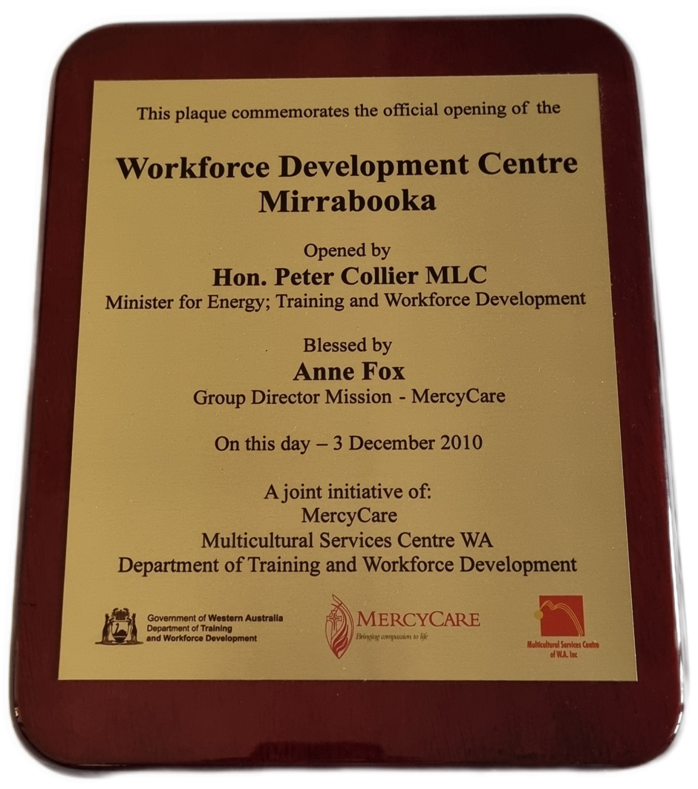 25-227 Plaque Commemorating official opening of Workforce Development Centre Mirrabooka image without background.