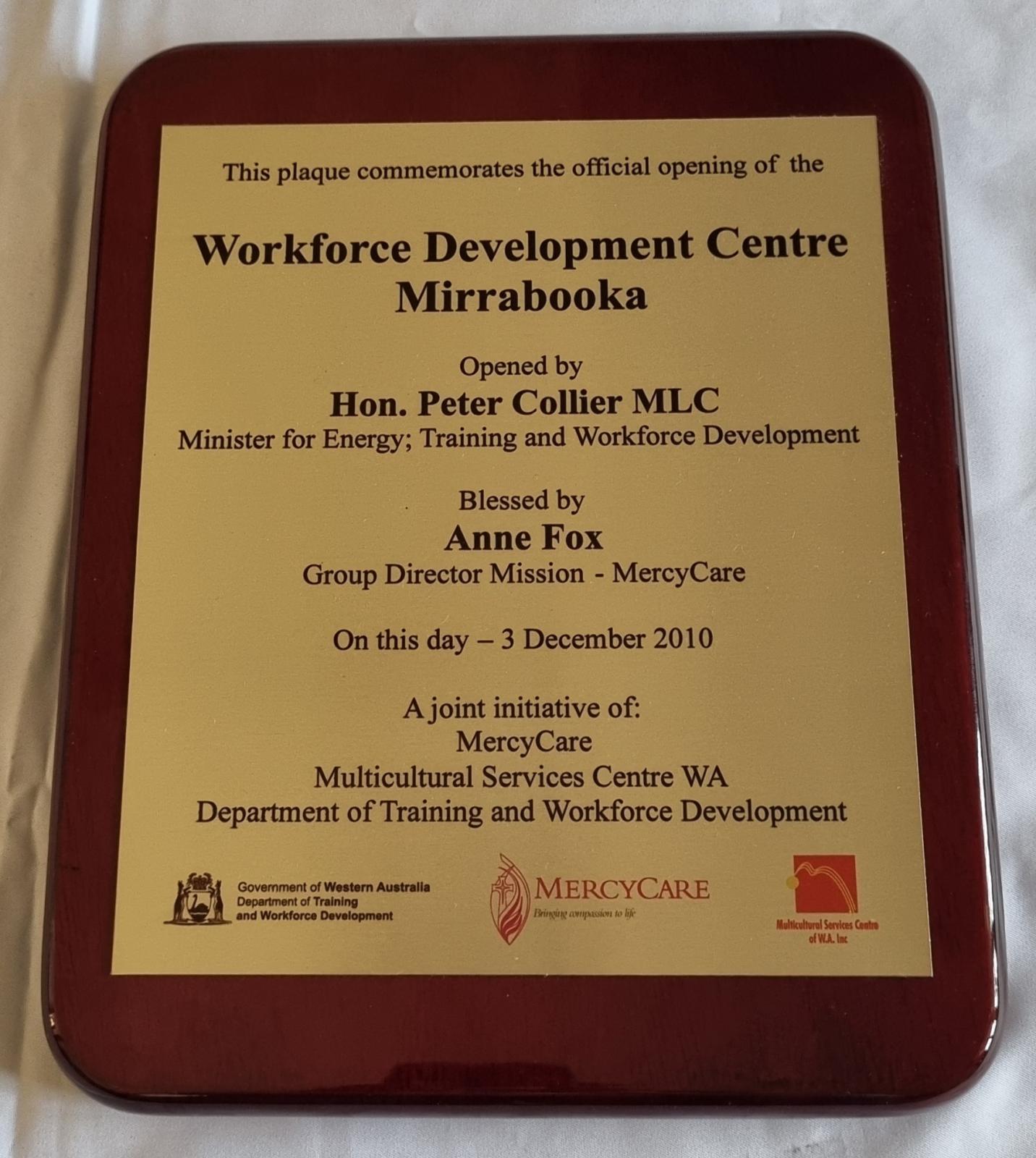 25-227 Plaque Commemorating official opening of Workforce Development Centre Mirrabooka front-side image with background.