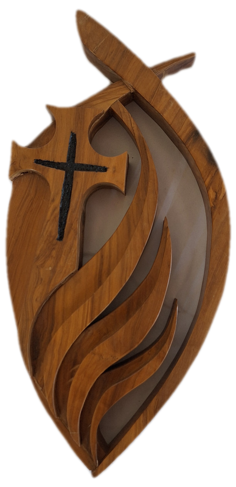 25-235 MercyCare Wooden sculpture: flame enclosing a mercy cross image without background 