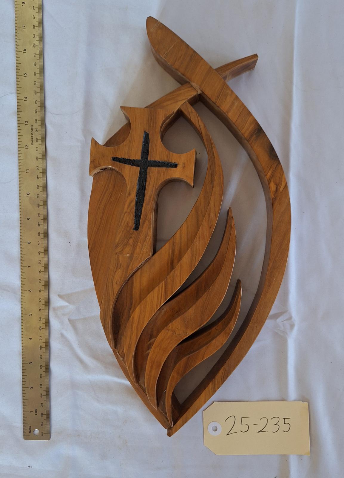 25-235 MercyCare Wooden sculpture: flame enclosing a mercy cross image with background, scale and tag