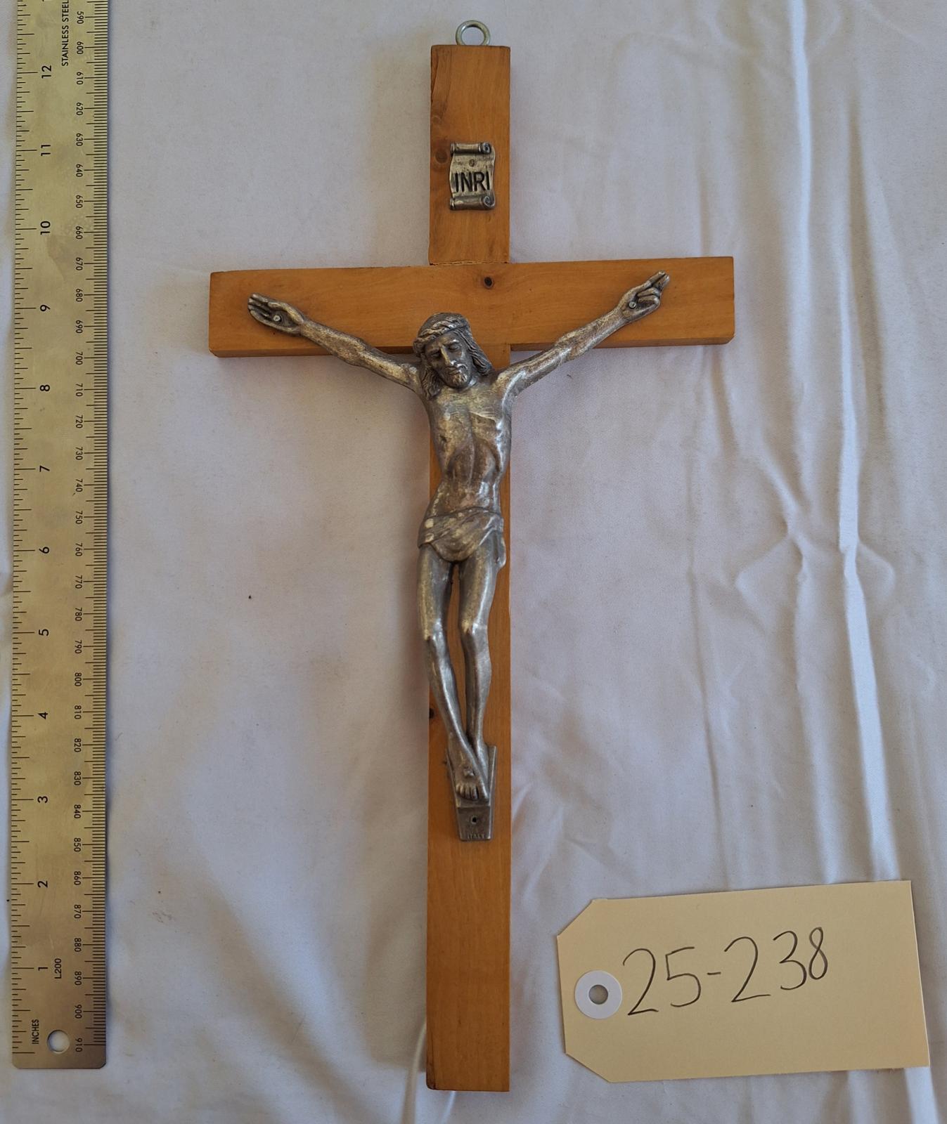 25-238 Wooden Crucifix with a Metal Jesus image with background, scale and tag
