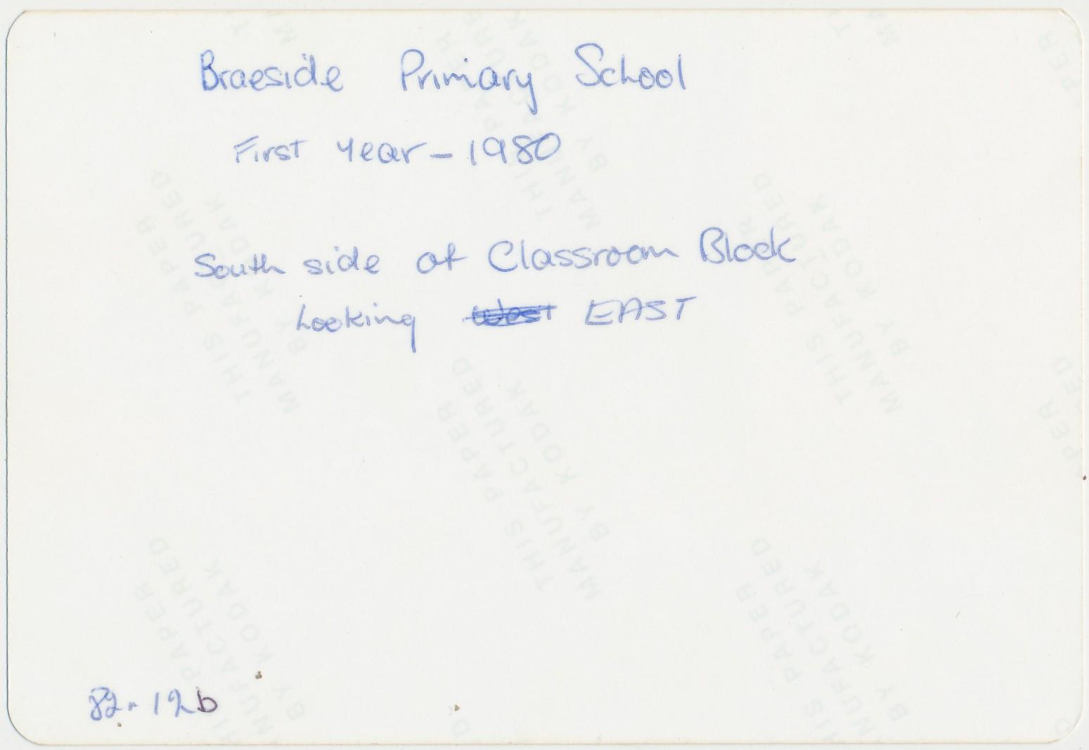 Back of photograph of South view of Braeside School