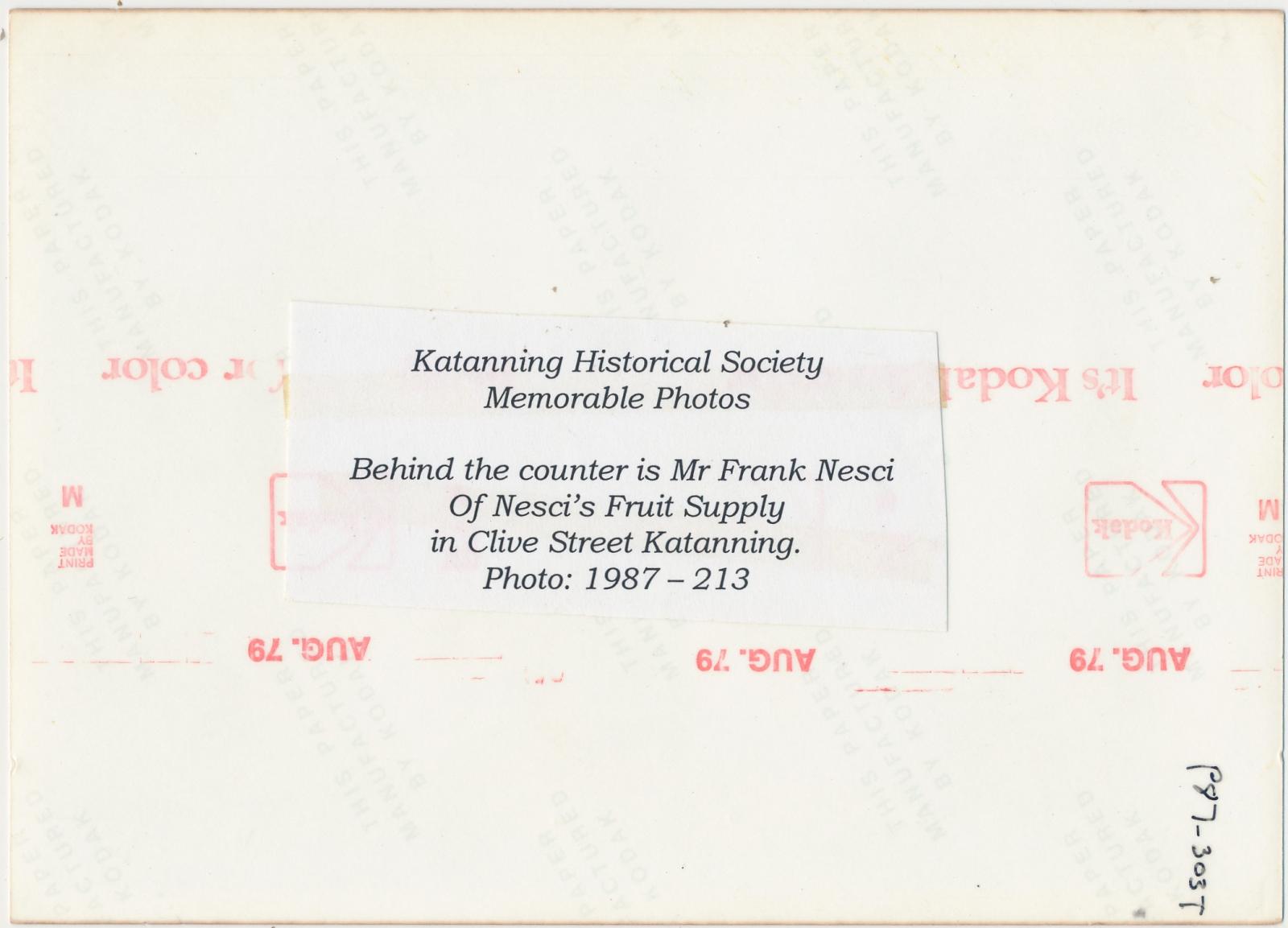 Back of photograph of Nesci's Fruit Shop