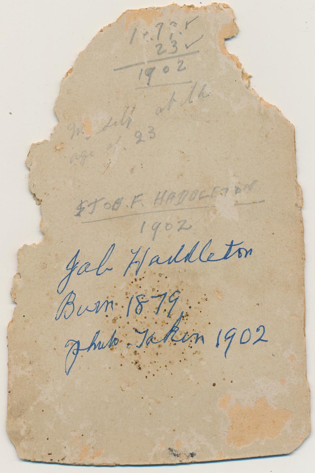 Back of photograph of Job Haddleton