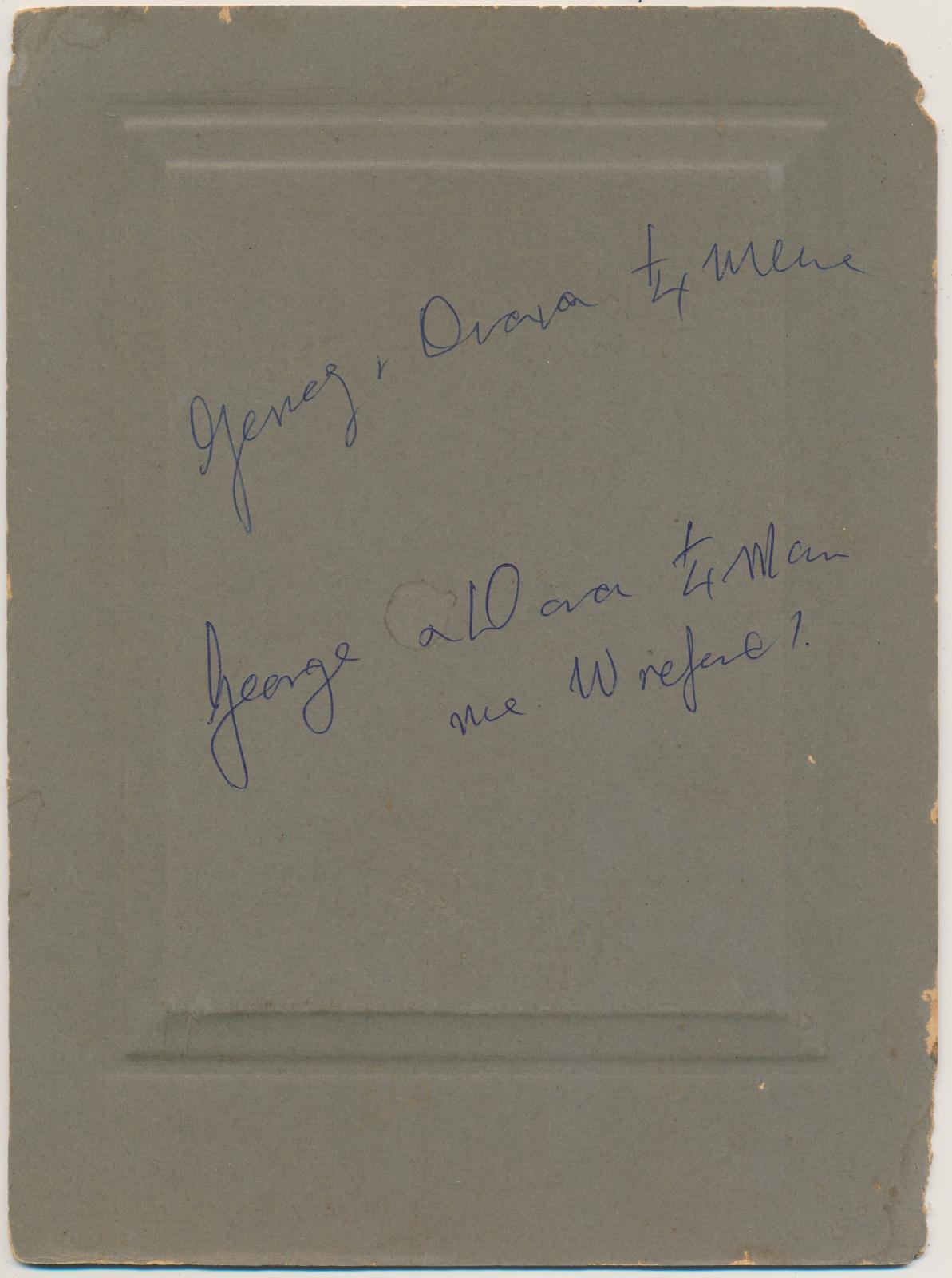 Back of photograph of George Quartermaine and Dora Quartermaine