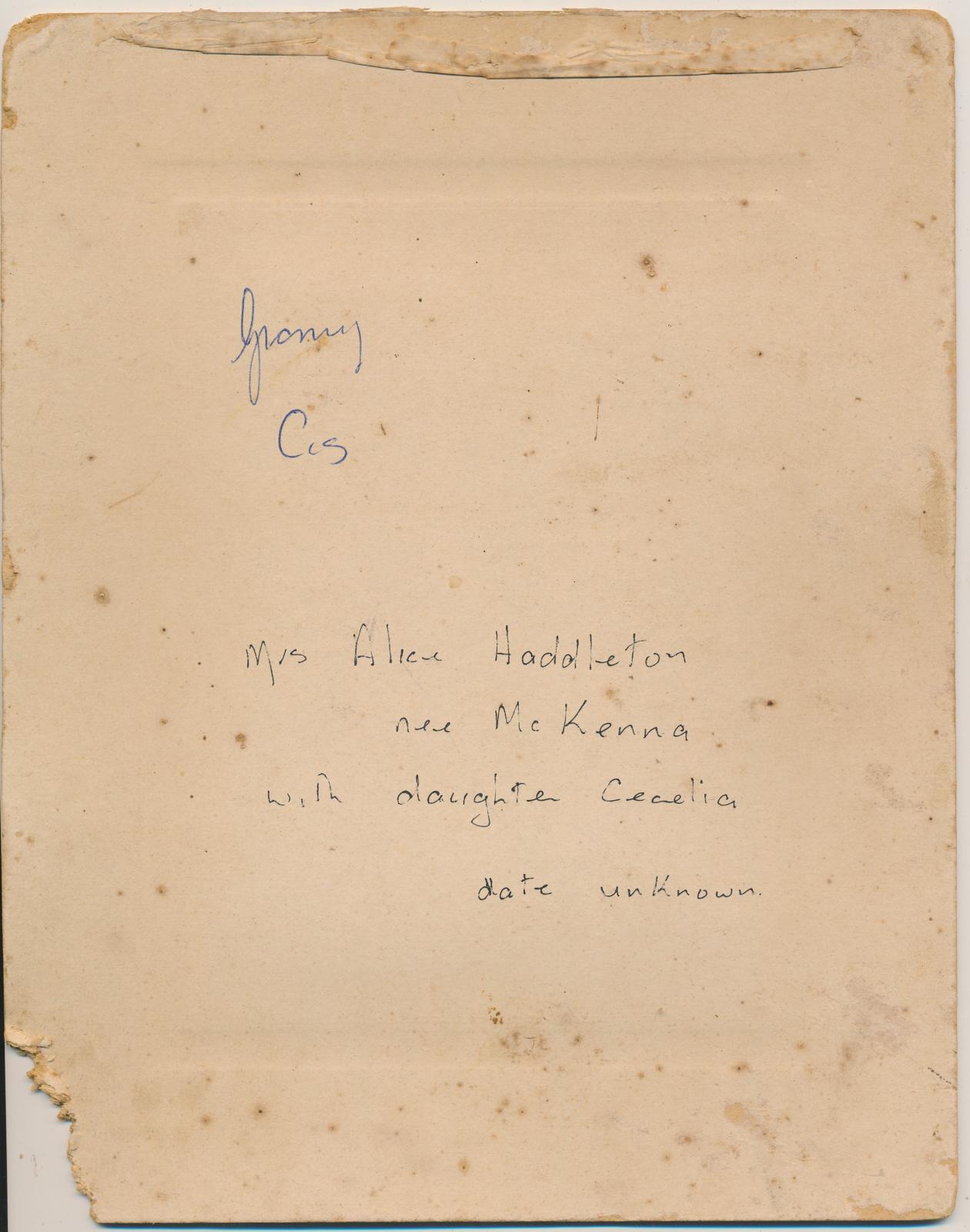 Back of photograph of Alice Haddleton and Cicilia Haddleton
