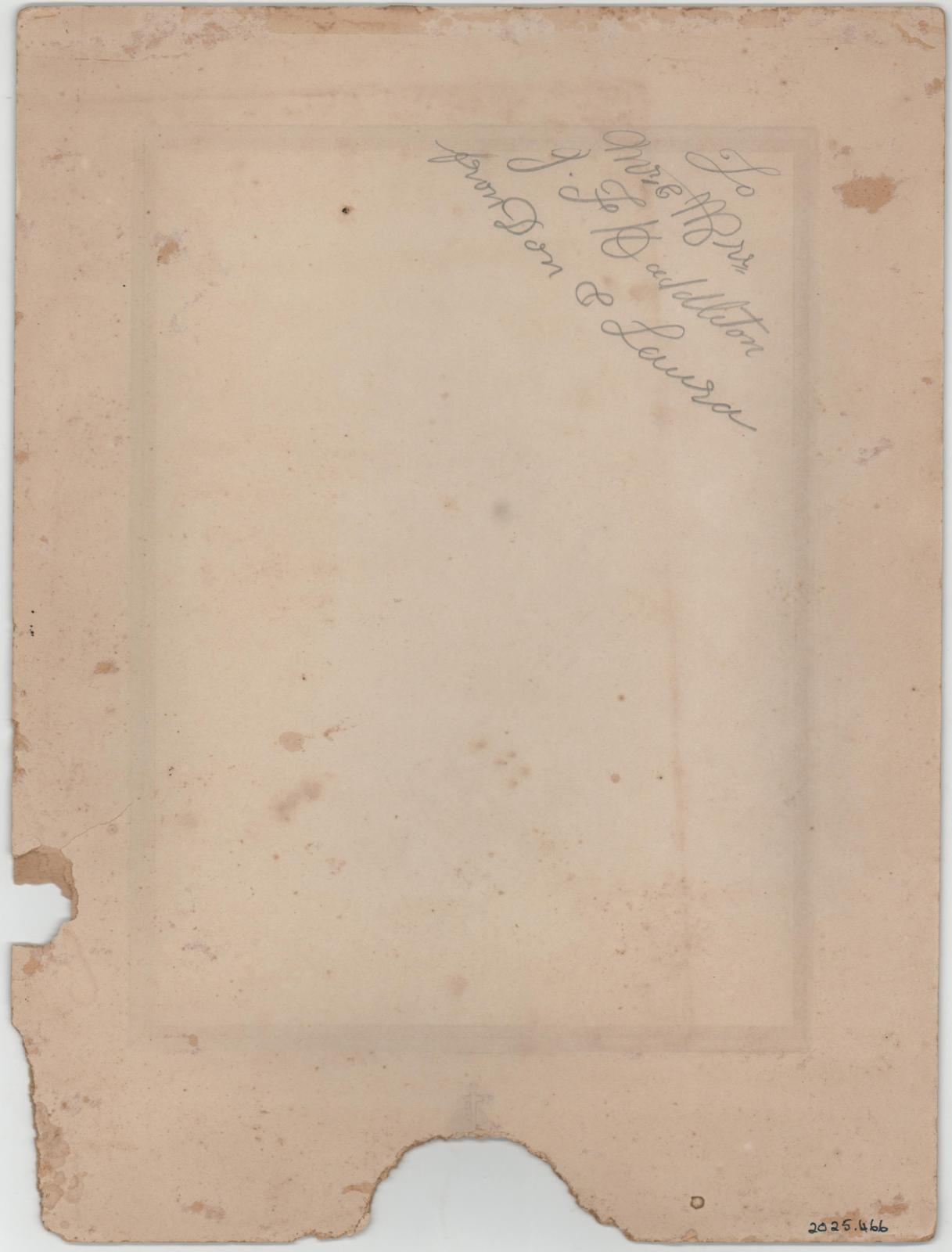 Back of photograph of Donald Quartermaine and Laura Beeck