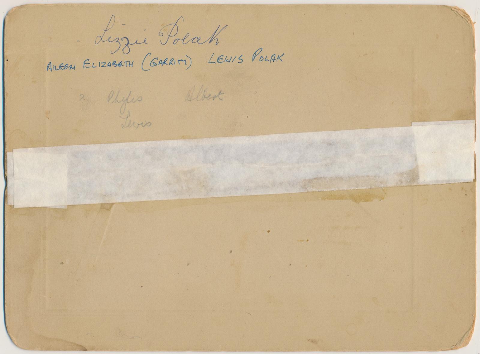 Back of photograph of Aileen Elizabeth Polak and Lewis Polak