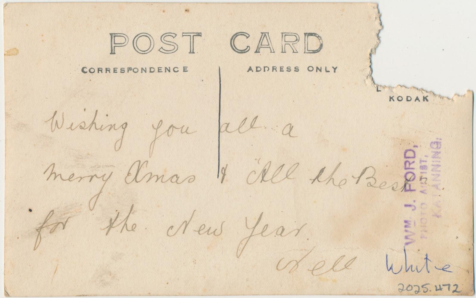 Back of postcard of Nell White