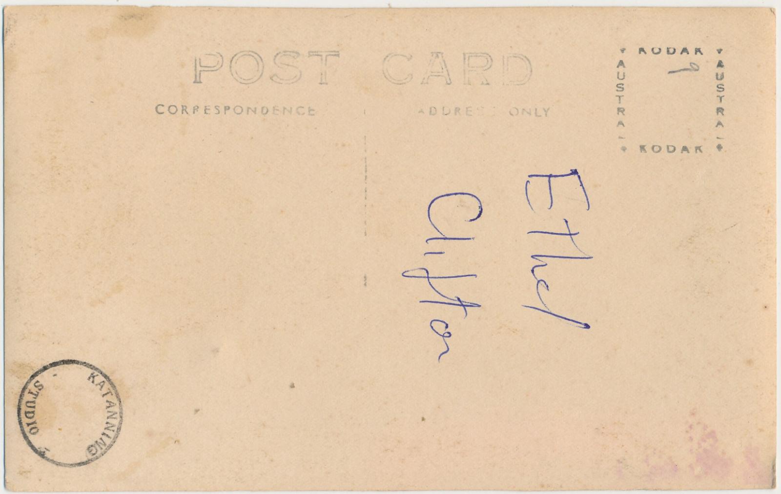 Back of postcard of Ethel Clifton