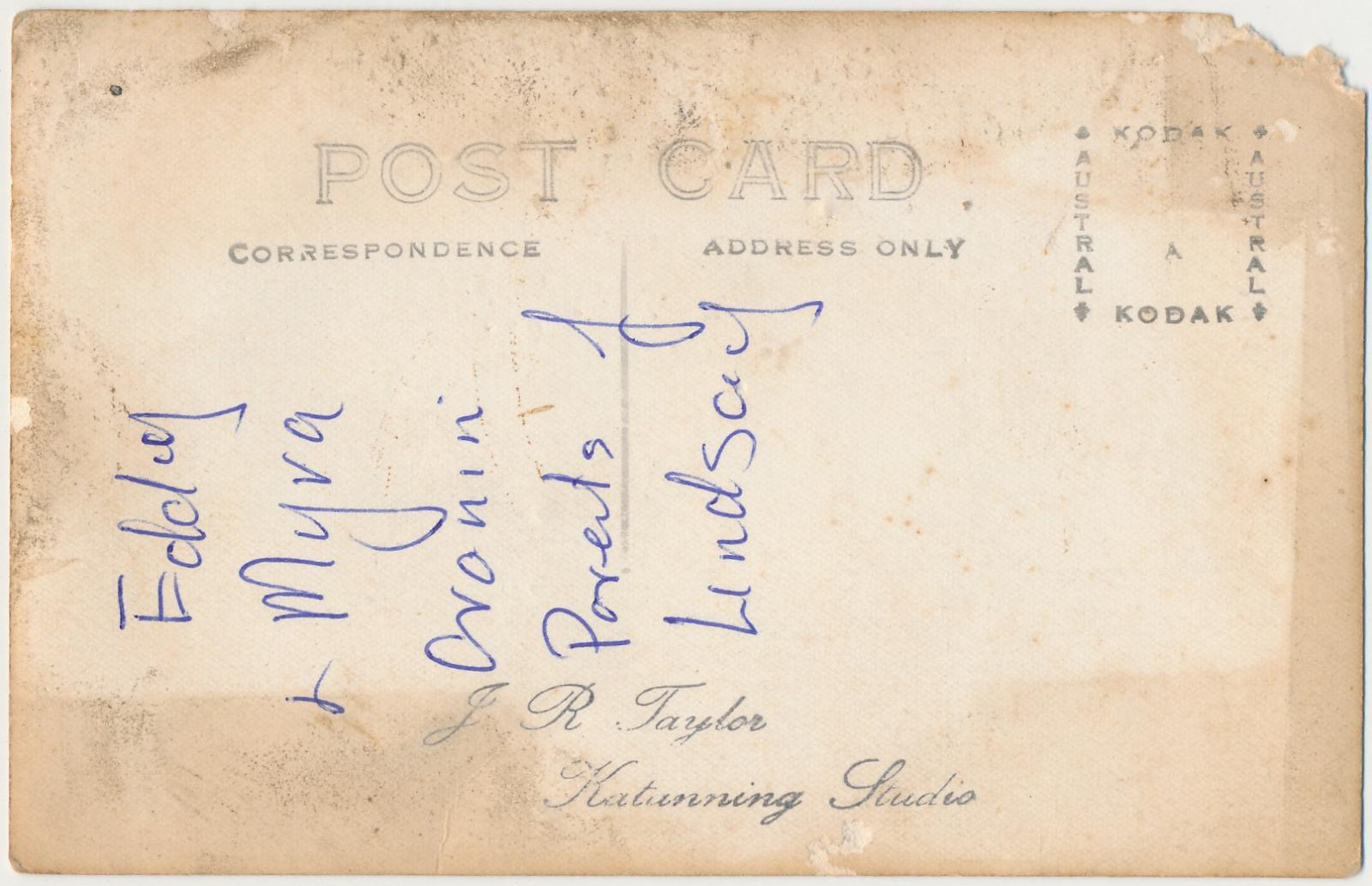 Back of postcard of Eddy Cronin and Myra Cronin