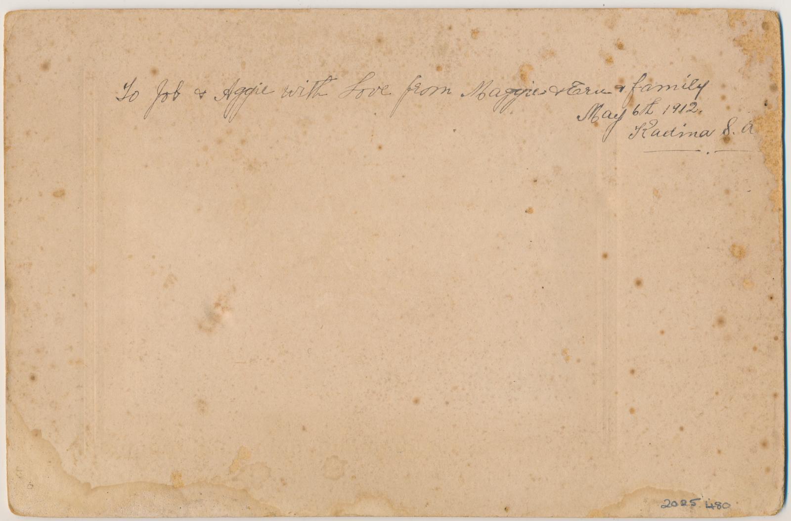 Back of photograph of Ernest Cornelius Heley and Margaret Susan Heley