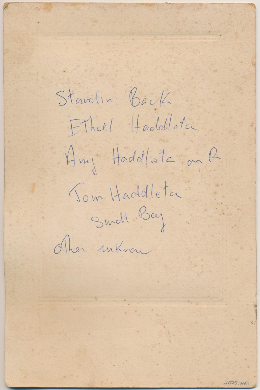 Back of photograph of Haddleton Family