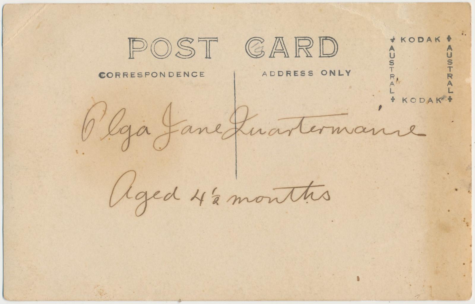 Back of postcard of Olga Jane Quartermaine