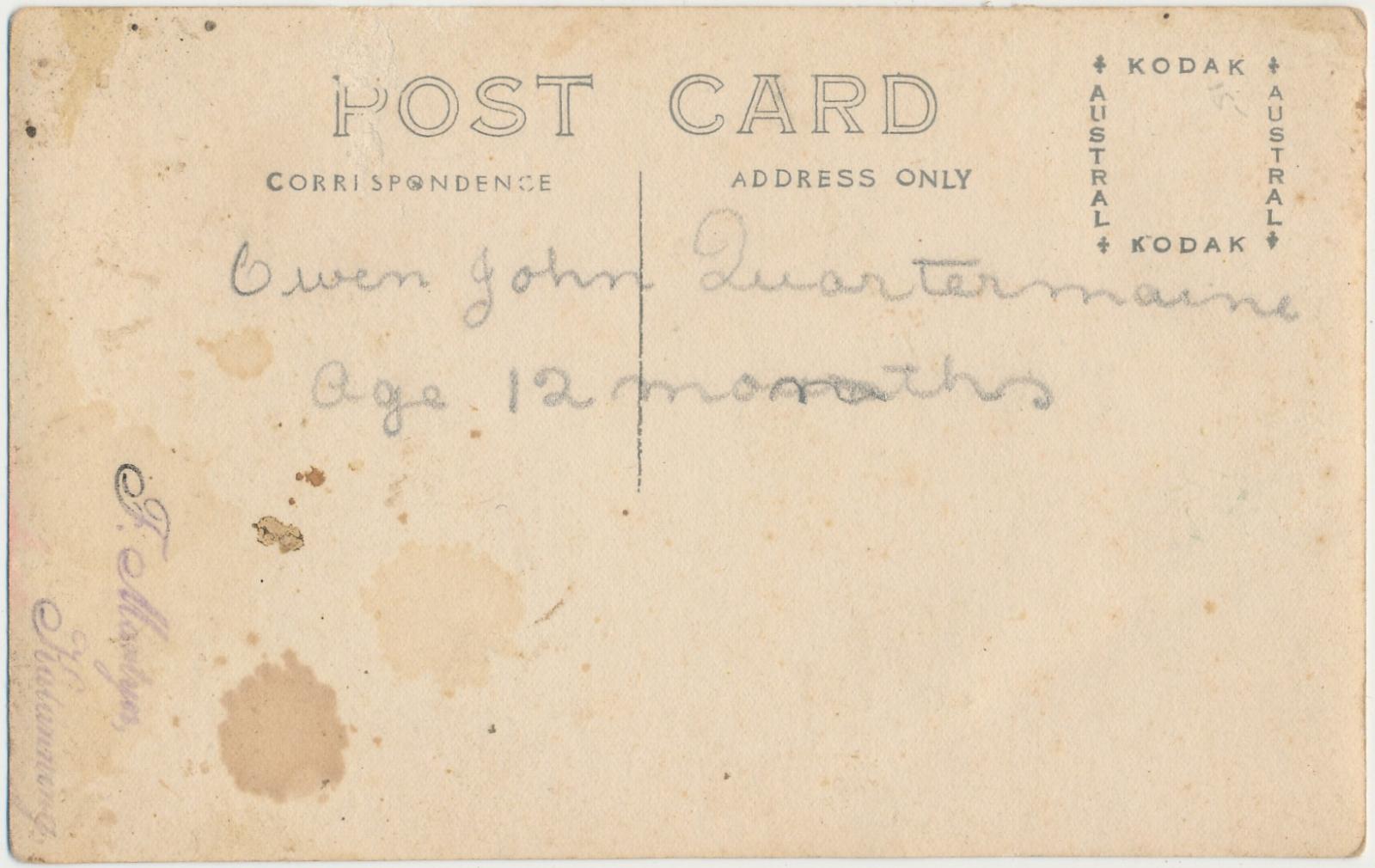 Back of postcard of Owen John Quartermaine