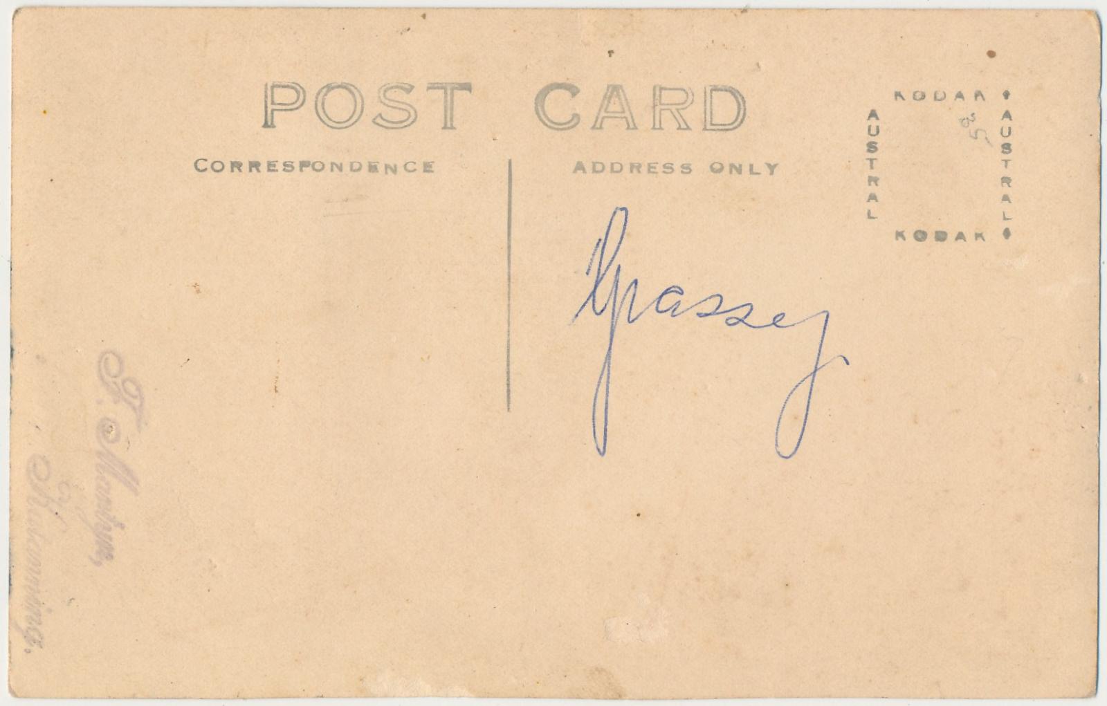 Back of postcard of Grassey Quartermaine