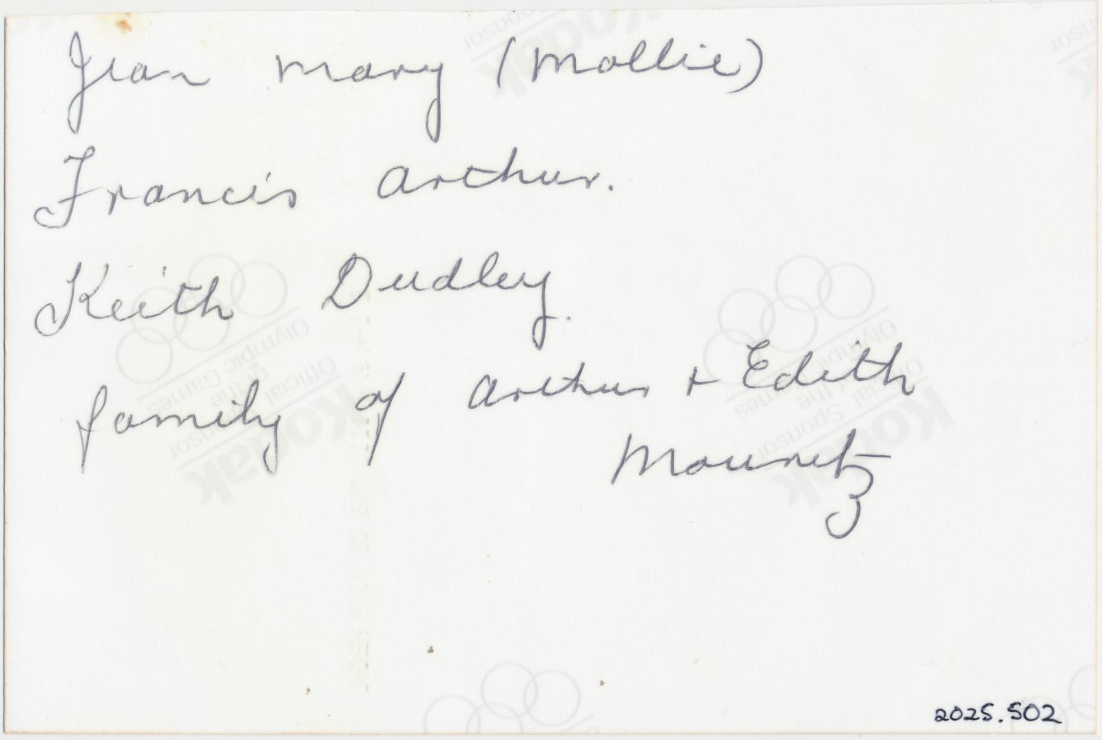 Back of photograph of Family of Arthur & Edith Mouritz