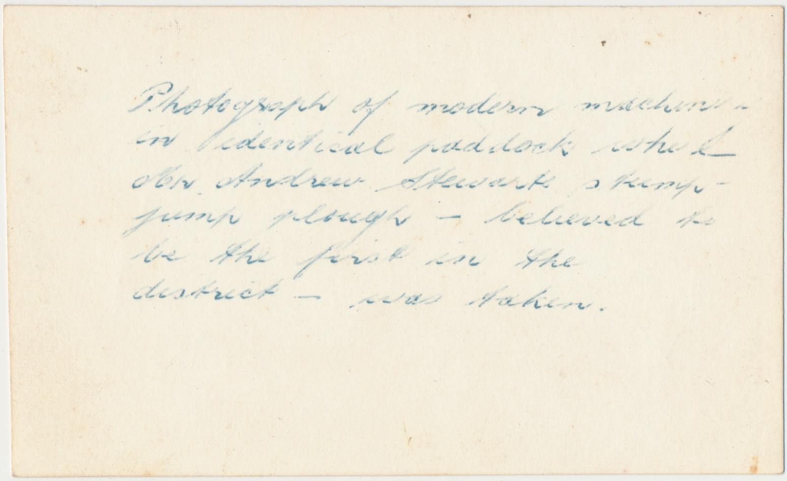 Back of photograph of Tractor and Plough