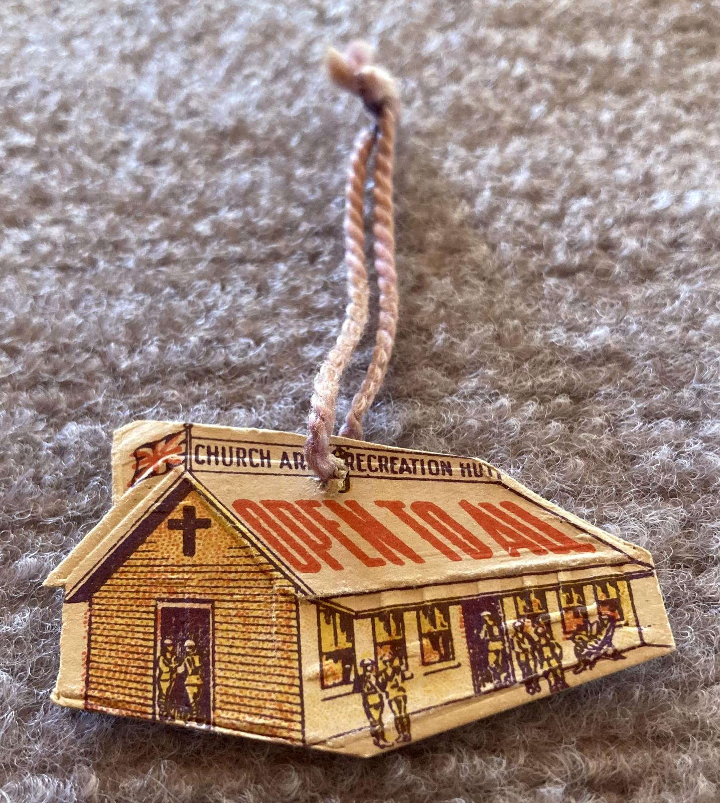 Angled view of WWI fundraising tag - Church Army Recreation Hut