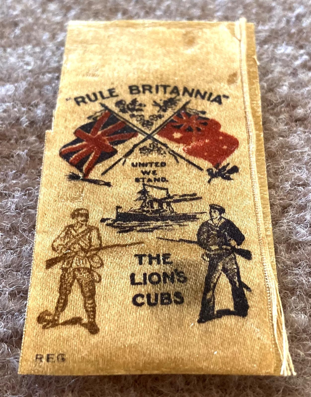 Angled view of WWI fundraising ribbon - Rule Britannia, The Lion's Cubs