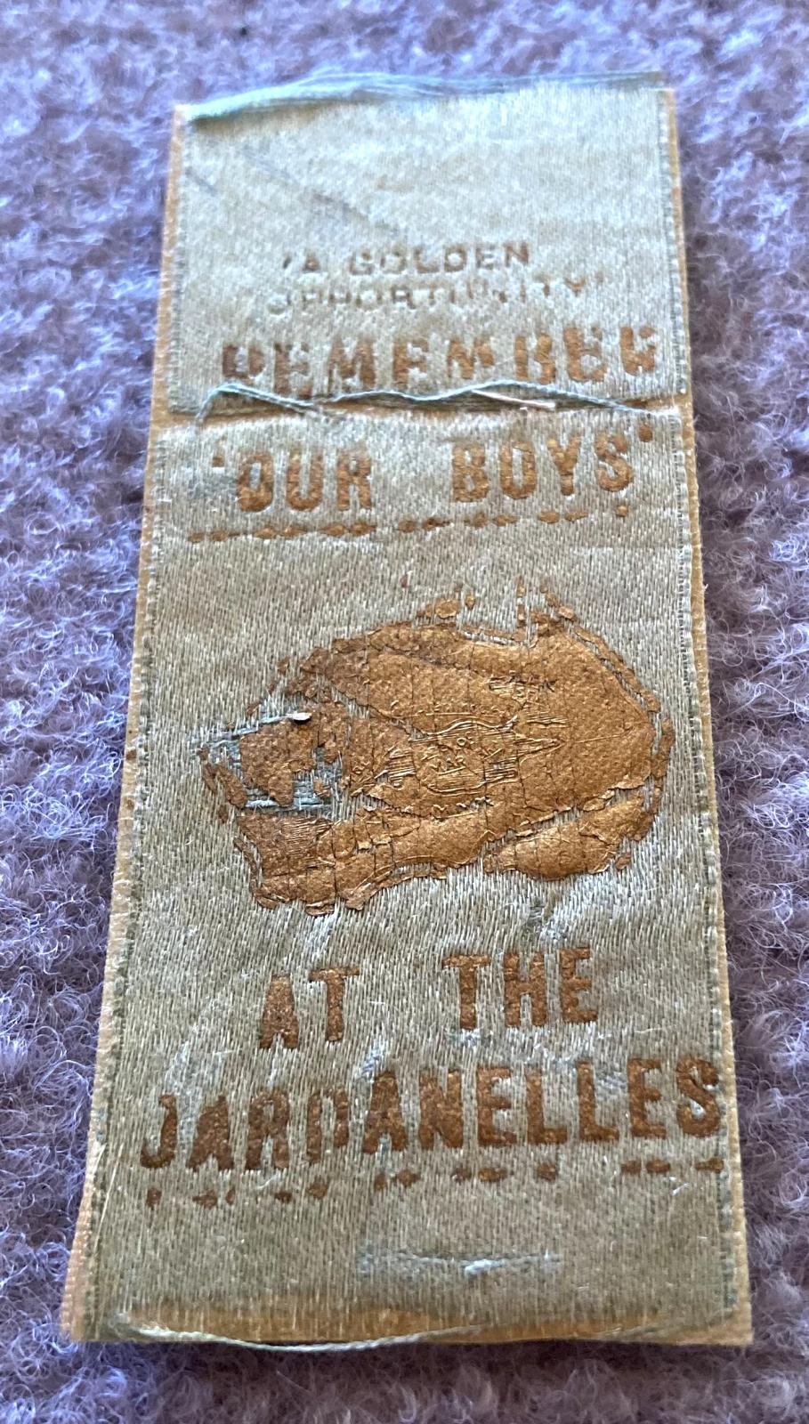 Angled view of WWI fundraising ribbon - Remember our boys at the Dardanelles