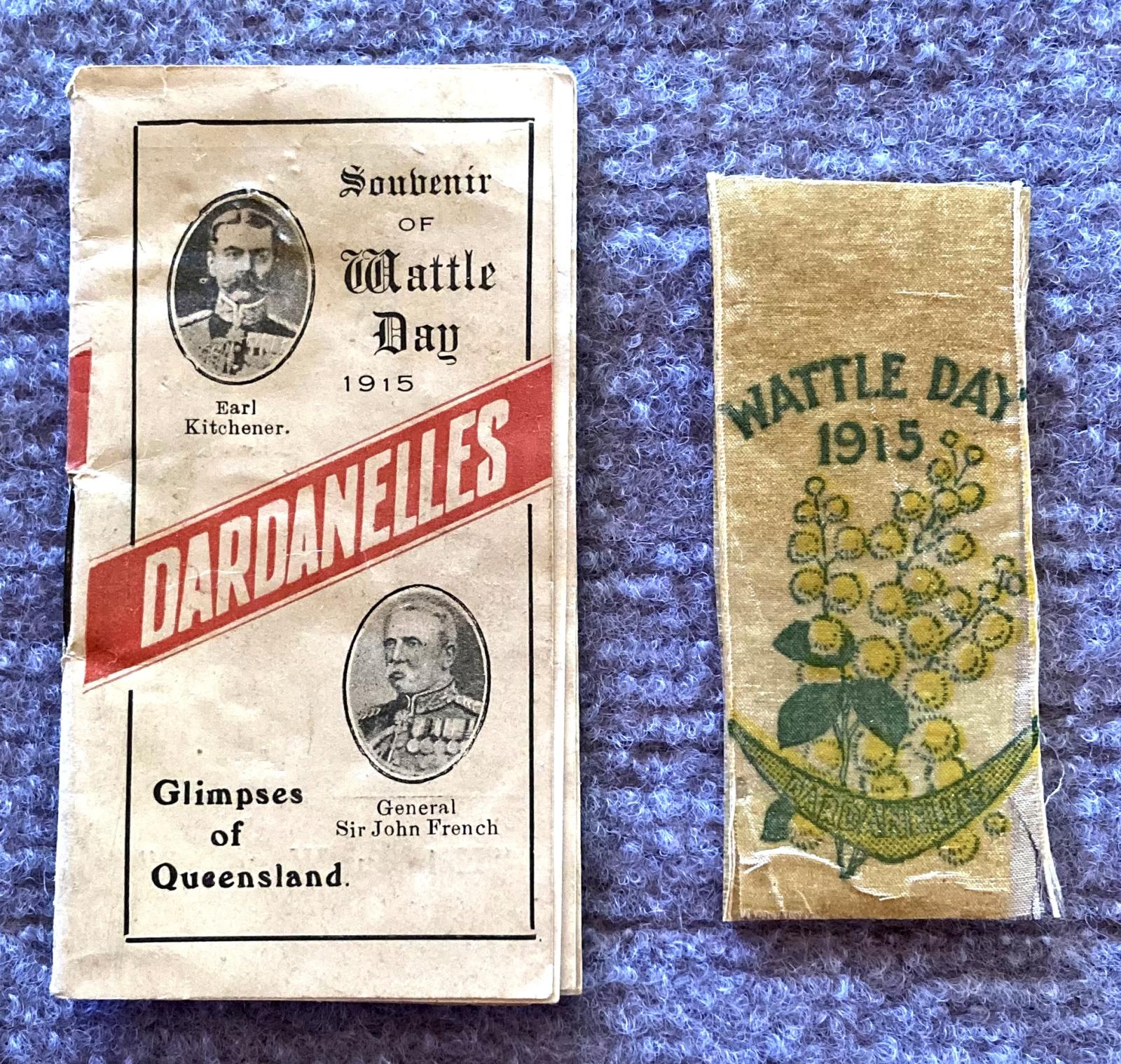 Wattle Day 1915 fundraising ribbon and souvenir booklet
