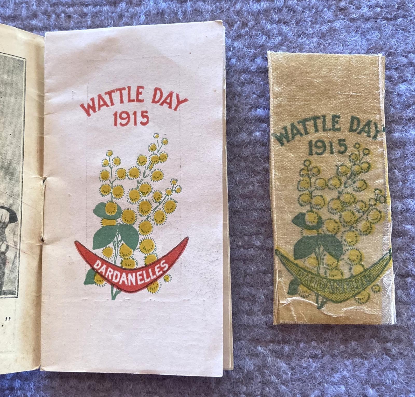 Title page of 'Souvenir of Wattle Day 1915' booklet with matching fundraising ribbon