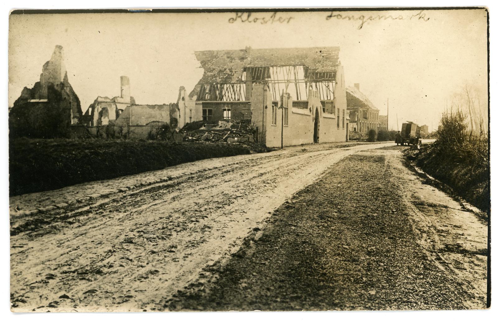 Photo postcard showing bombing building ruins during WW1, location unknown.