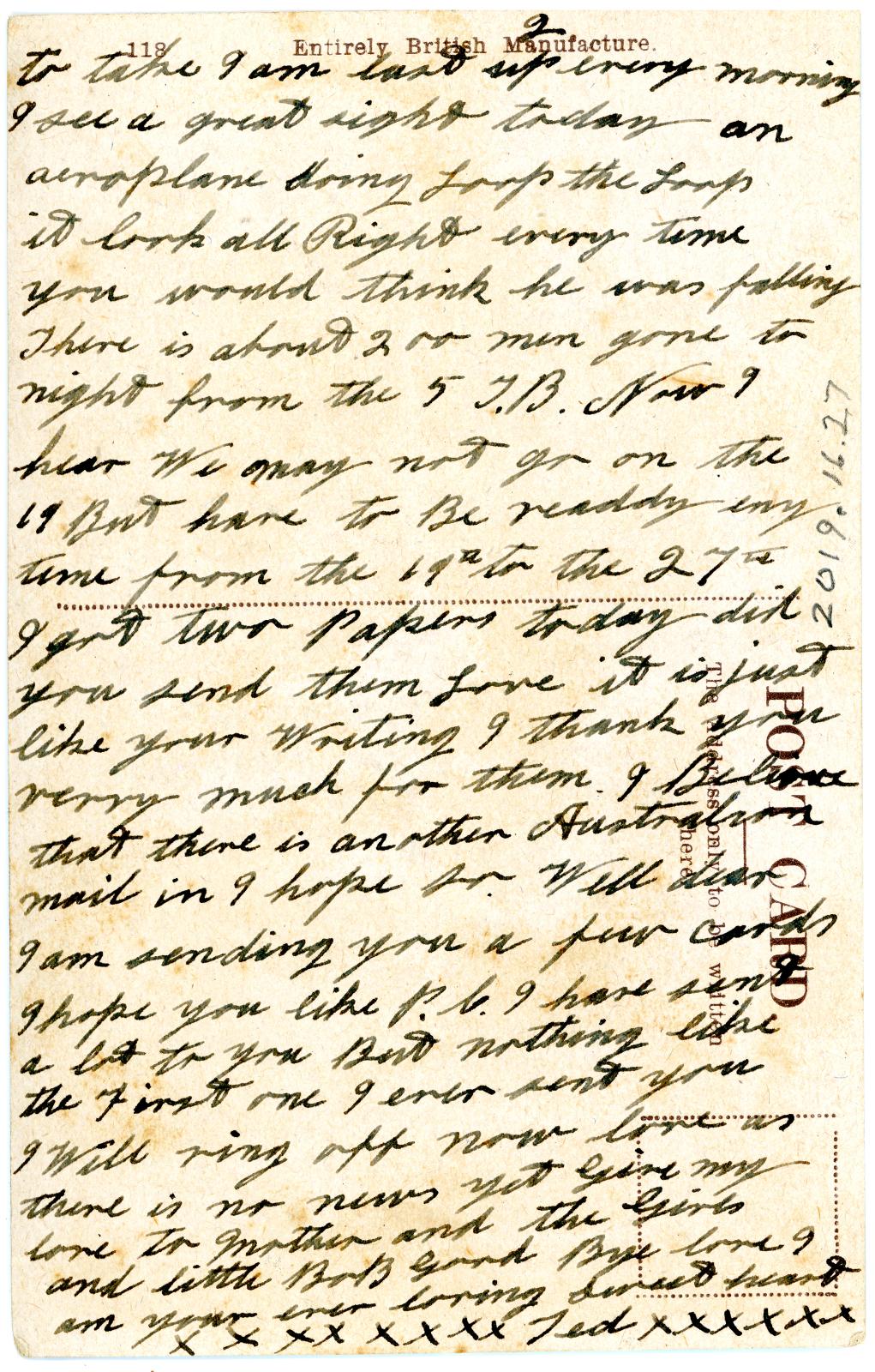 First World War postcard sent from Pte. Edward Charles MOUCHEMORE 6351