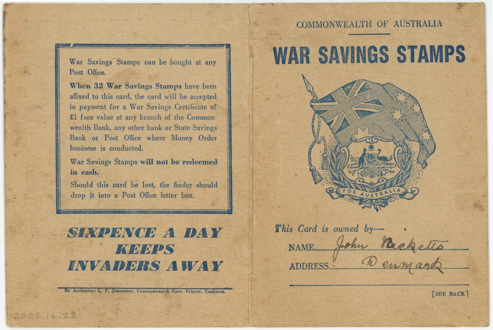 Commonwealth of Australia War Savings Stamps Booklet