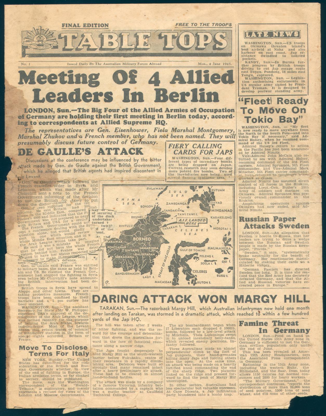 Table Tops’ No. 1, Monday 4 June 1945 Newspaper  Page 1